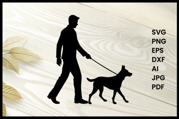 Dog Walking with Owner Silhouette Vector
